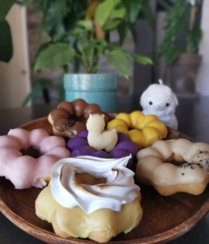 Lychee, Ube, Milk Tea, Viet Coffee, Jack Fruit, and Lemon Meringue mochi donuts